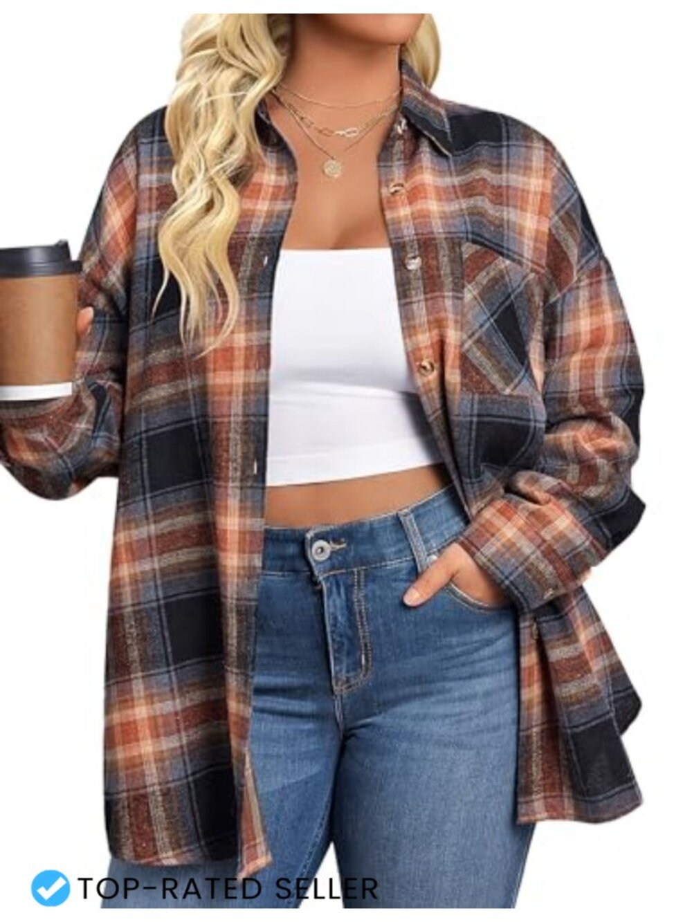 Plus Size Flannel Button Down Shirt Long Sleeve Plaid Top Women